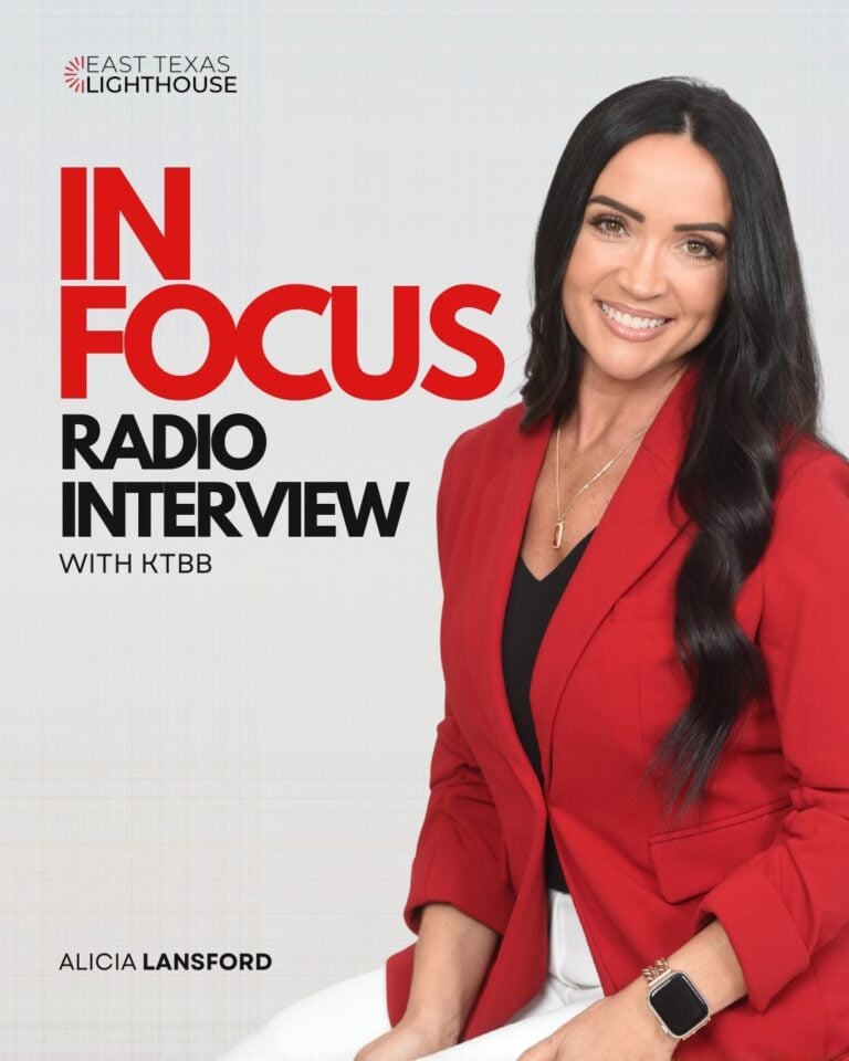 Image of Alicia Lansford in red blazer with text that says In Focus Radio Interview