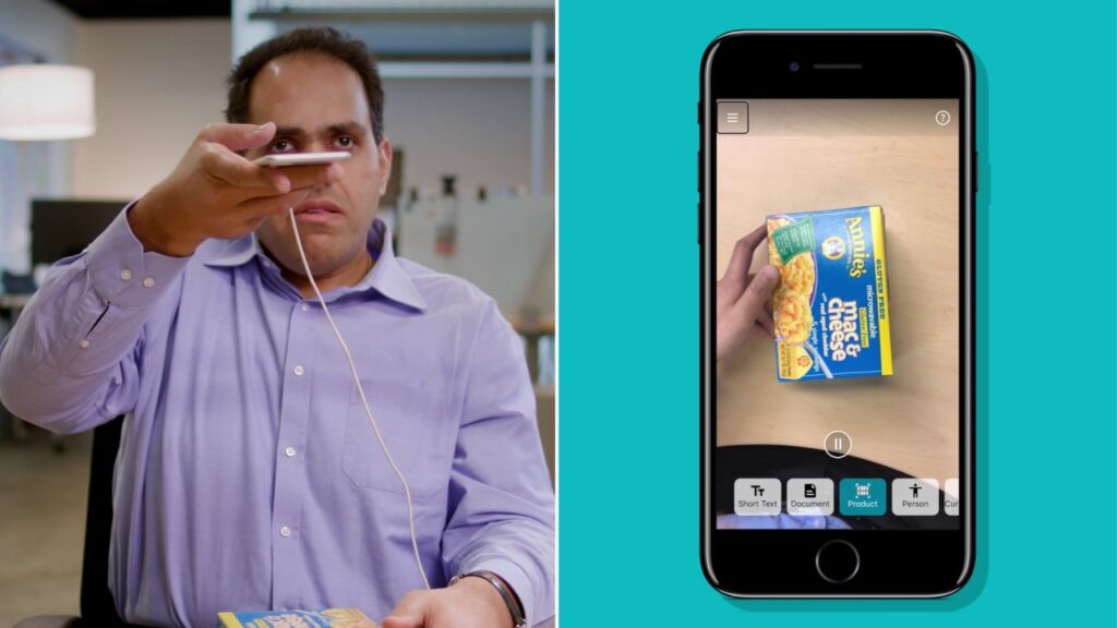 visually impaired man using Seeing Ai phone app