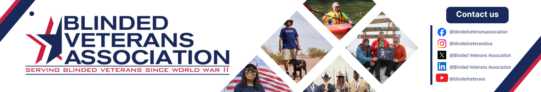 Banner for Blinded Veterans Association with logo, slogan, and social links on the right.