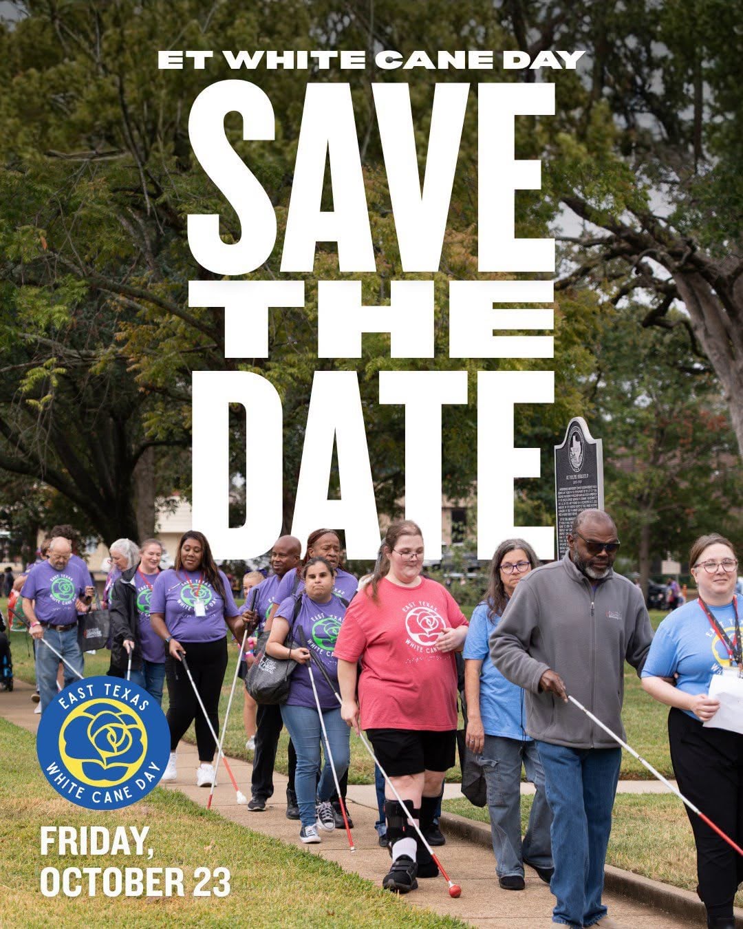 Save the Date poster for East Texas White Cane Day on October 23, 2026