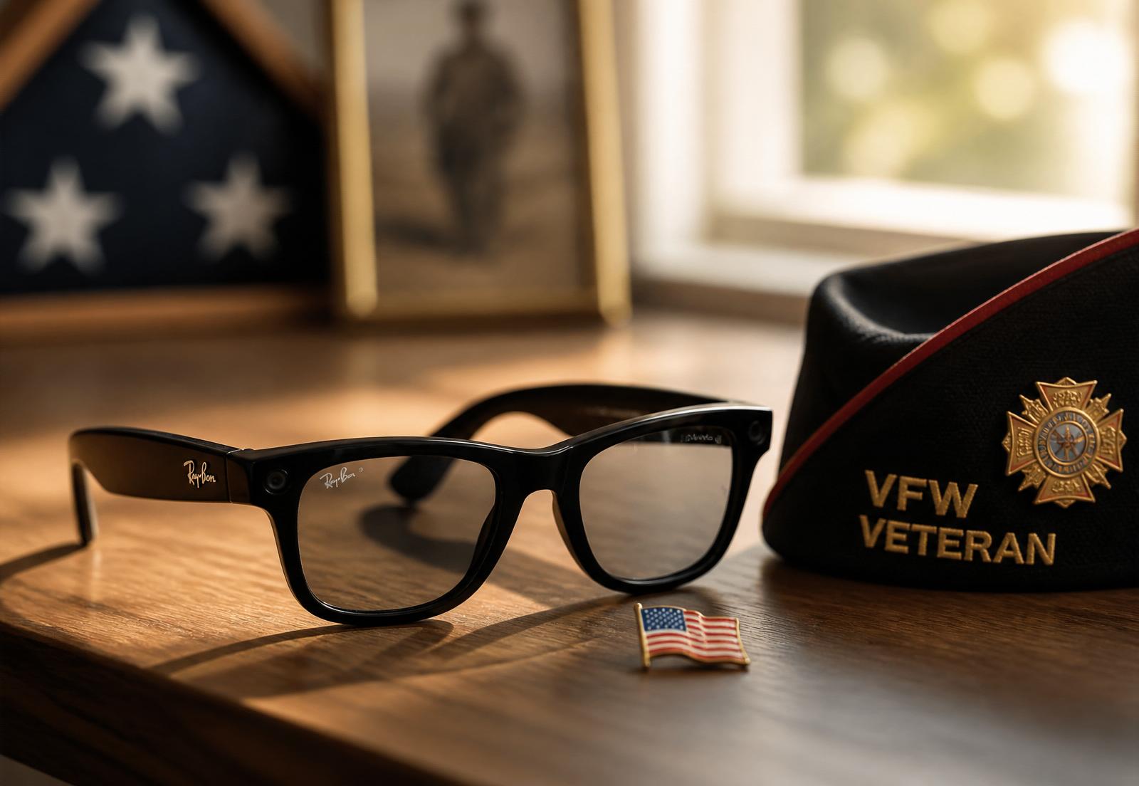 Ray-Ban Meta smart glasses on a wooden table beside a VFW veteran cap and a folded American flag.
